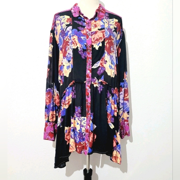 Free People Brunch A Bunch Floral Tunic Top Black Multicolor Button Front Boho L - Picture 1 of 12